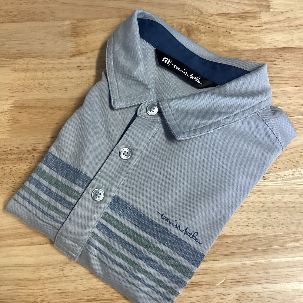 Mens Travis Mathew Striped Short Sleeved‎ Golf Polo - Medium -Gray/Navy/Green